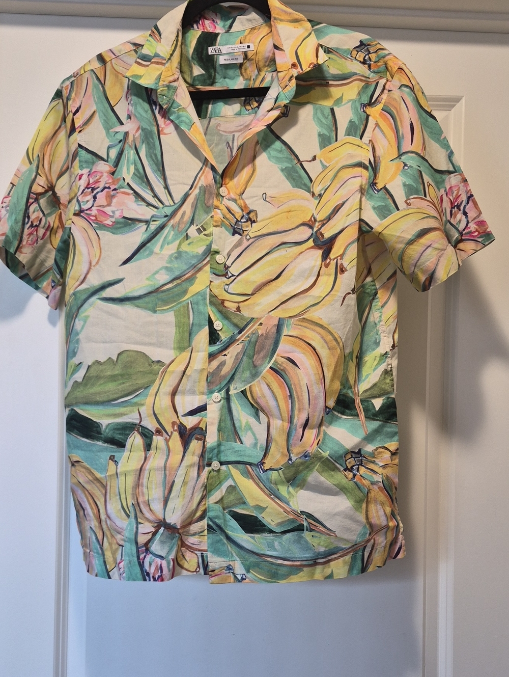 Zara Short-Sleeve Tropical Banana Print Shirt - Yellow, Green & Pink